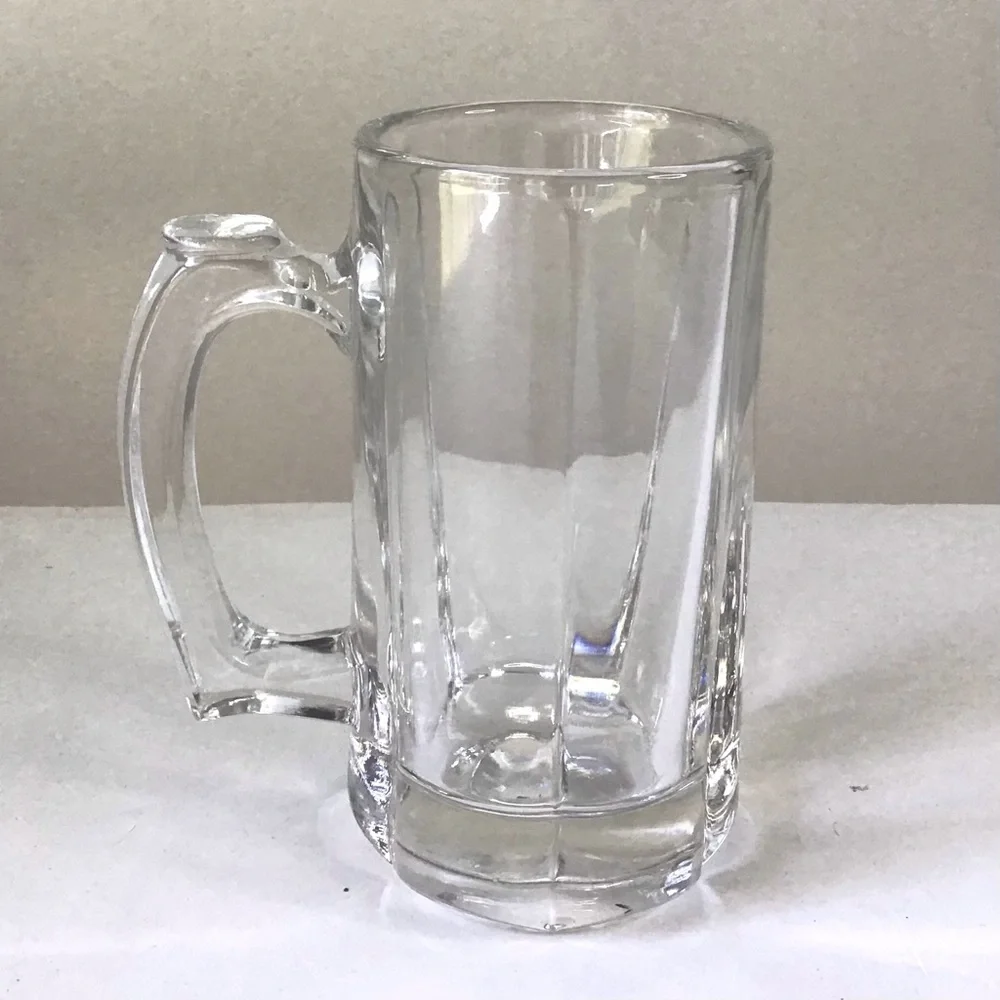 Vintage 80s Libbey Clear Glass Beer Stein Heavy 6-Panel Mug Thumb Rest Handle